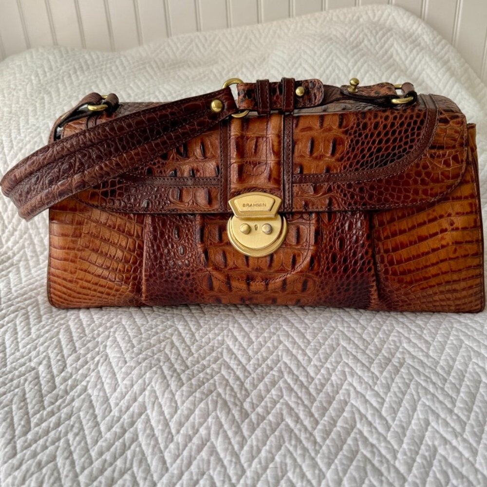 Brahmin Brown Croc-Embossed Leather Shoulder Bag